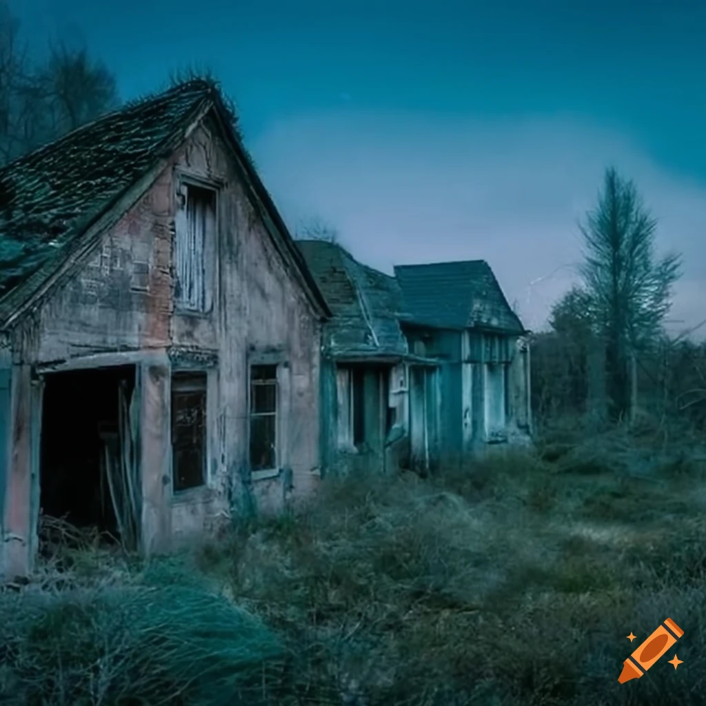 Abandoned houses in the morning with a bluish hue