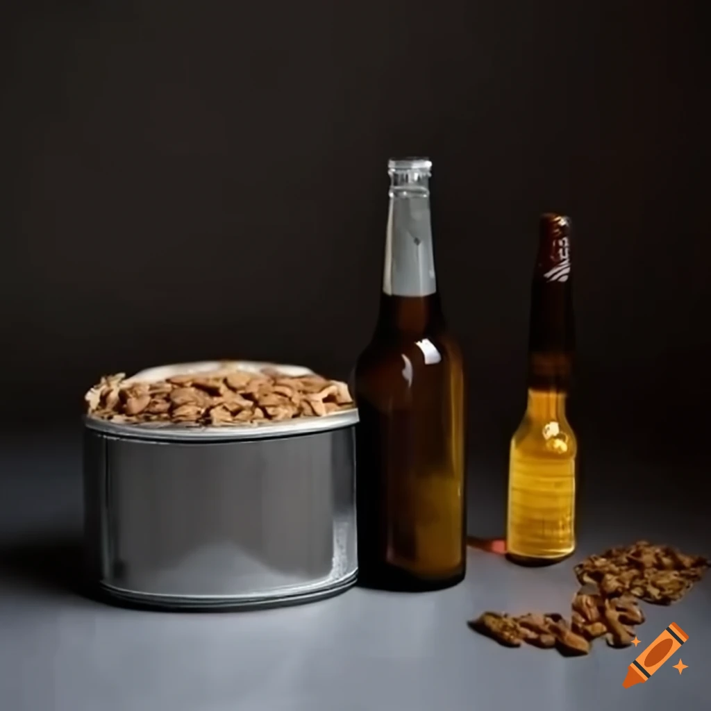 Cat food in tin with beer bottle and glue on Craiyon