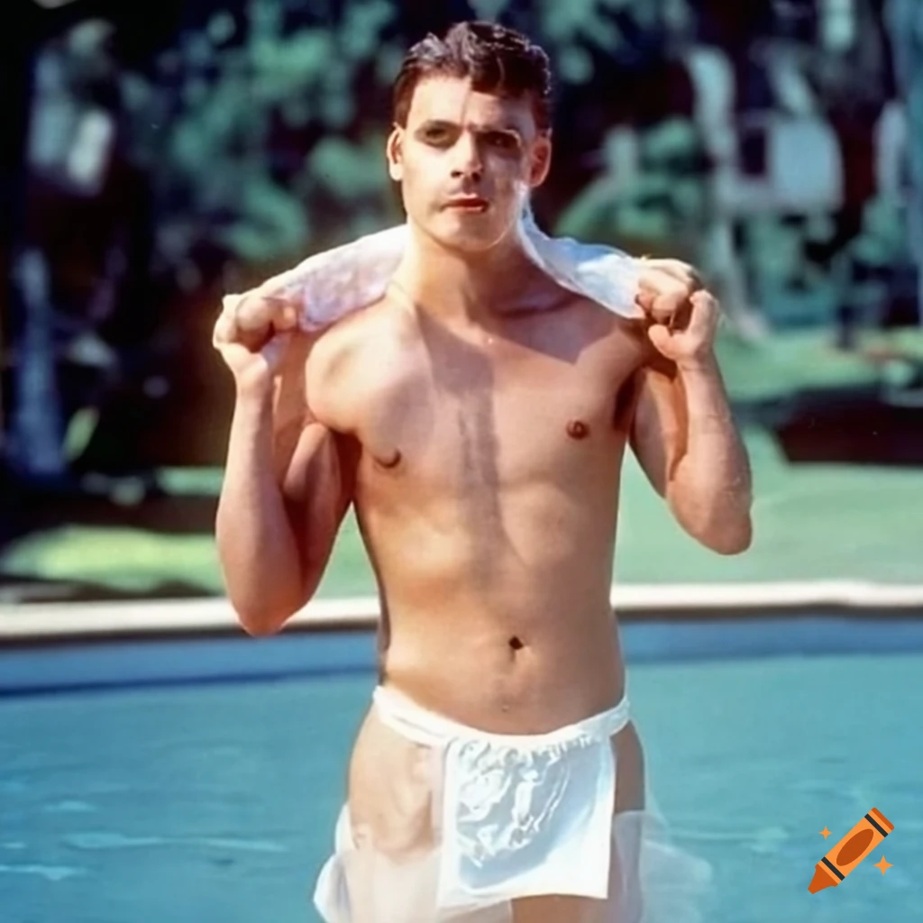 Muscular man with torn toga at pool party in 1992