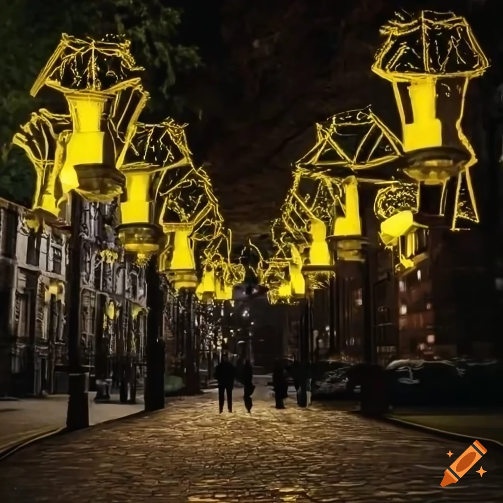 3D printed religious symbol lamps hanging in a city at night between rows of trees