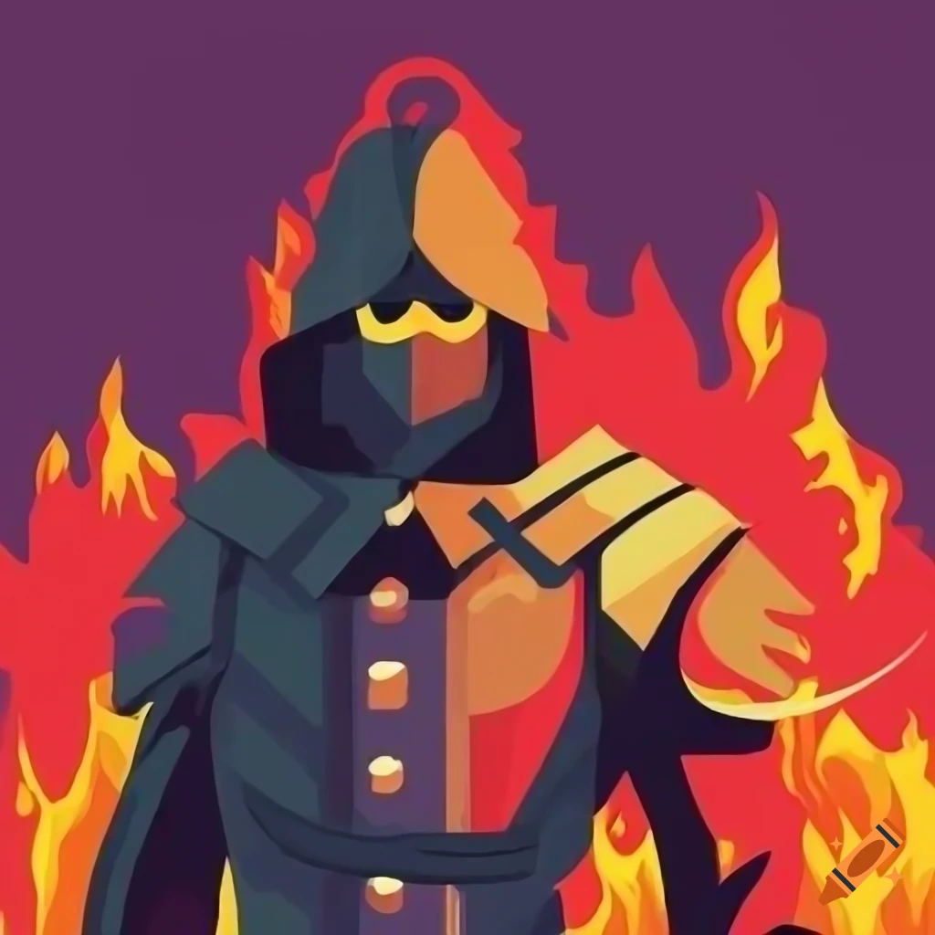 Fire warrior in a night city wearing a sleeveless trench coat made of fire