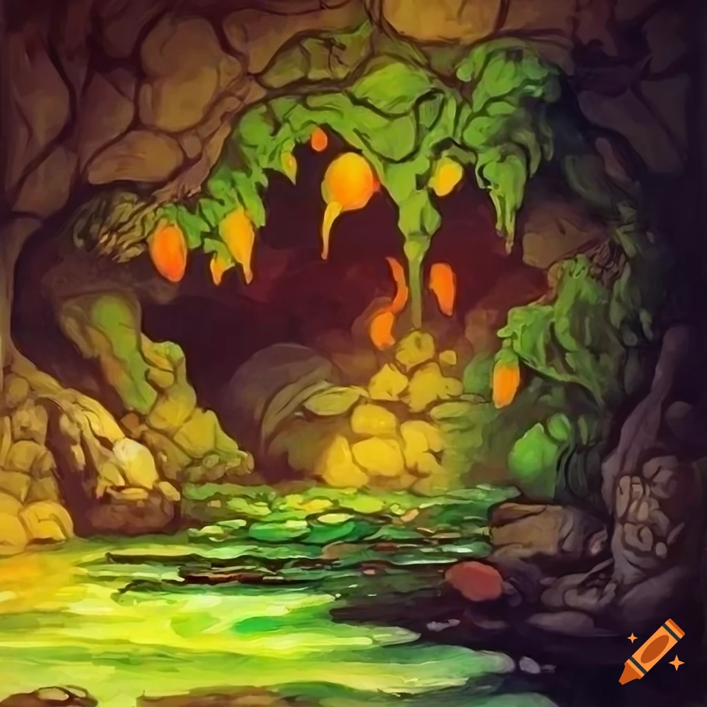 Lush subterranean cave with magical glowing berries and serene water ...