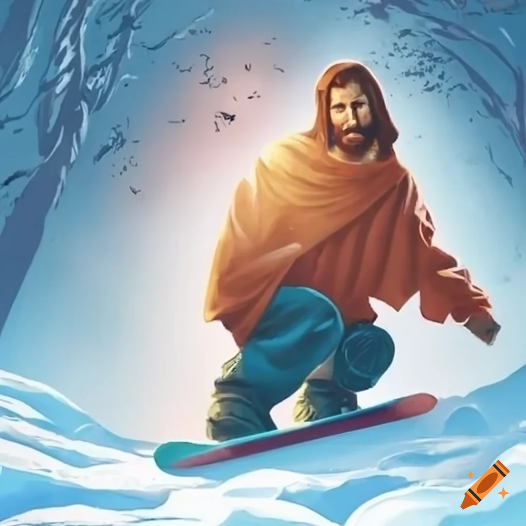 Jesus snowboarding down a slope on Craiyon
