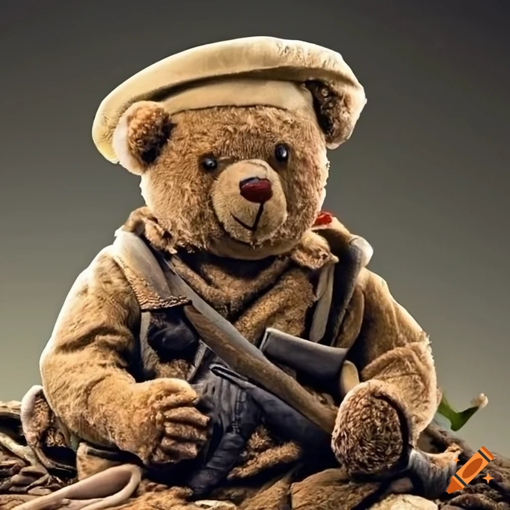 Teddy bear in WWI trenches wearing a doughboy uniform