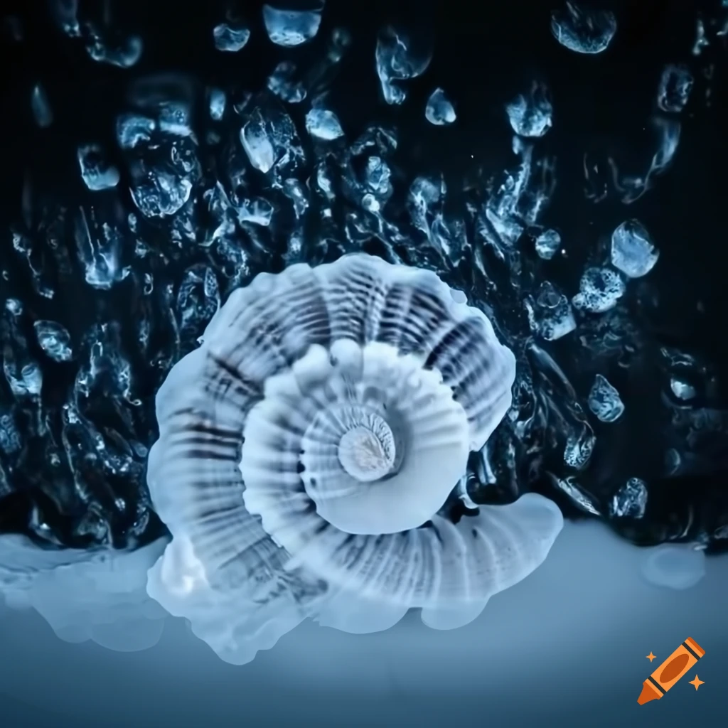 Ice spiral seashell on ice background