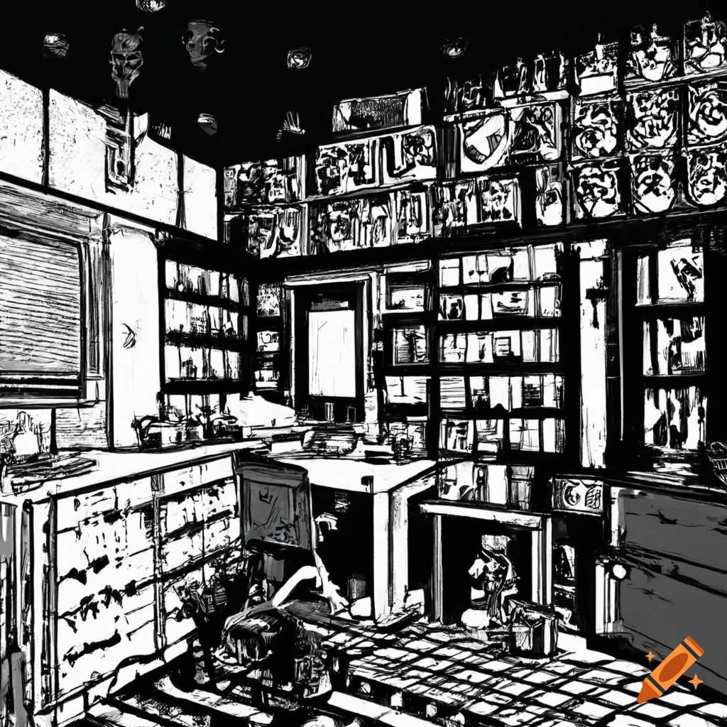 Manga style black and white escape room on Craiyon