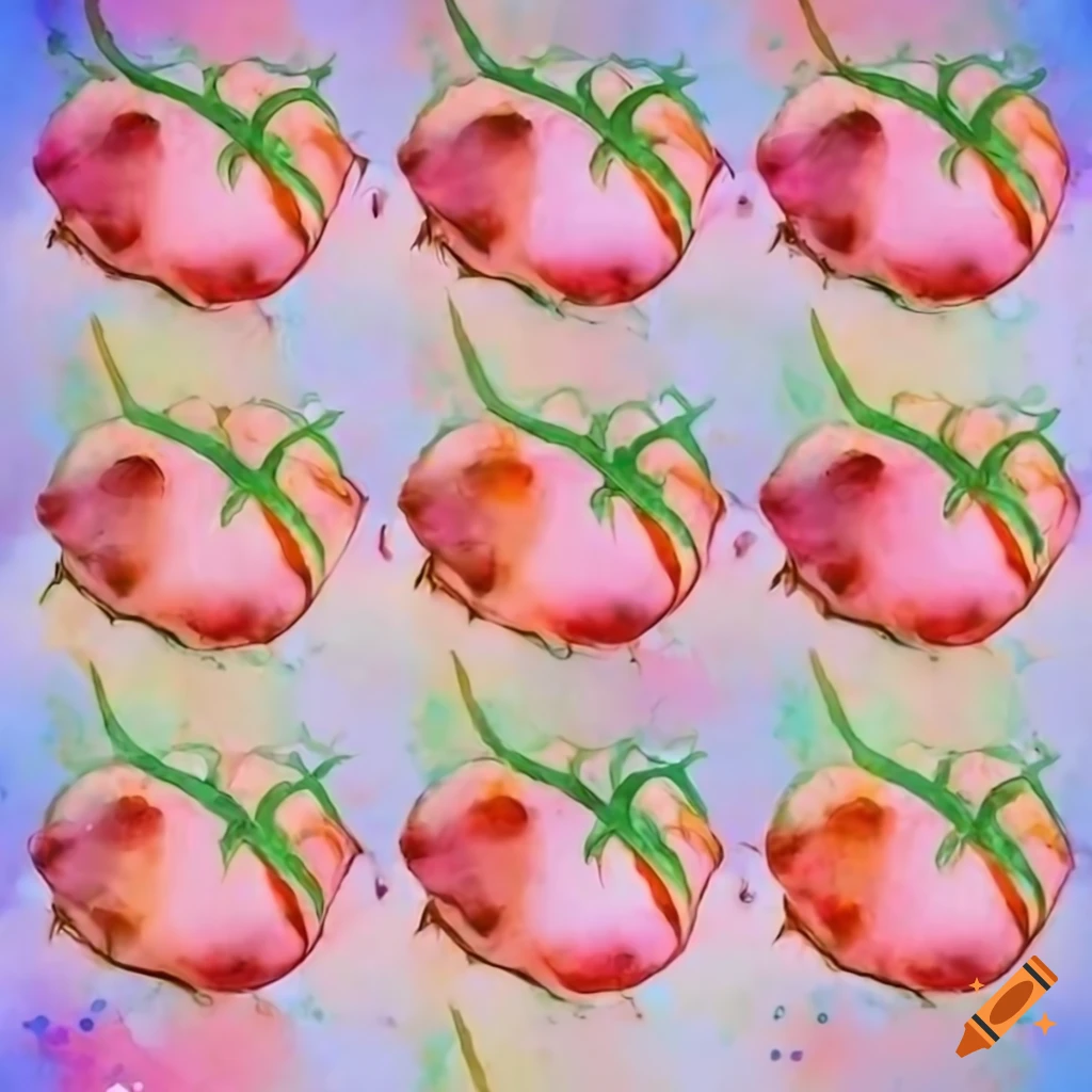 Ethereal art-deco-style ornament with a ripe tomato in pastel colors