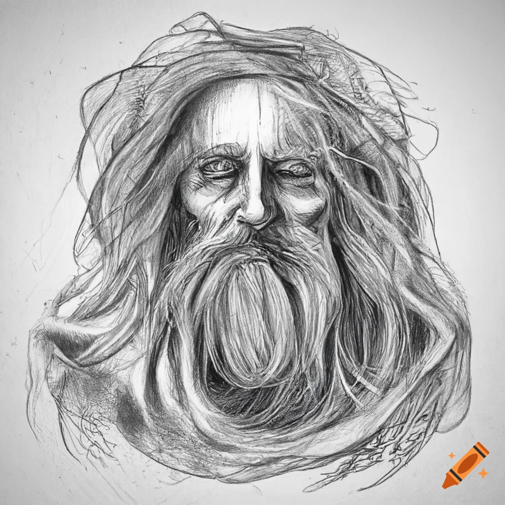 Intricate pencil sketch of a wizard at his study surrounded by enchanted objects