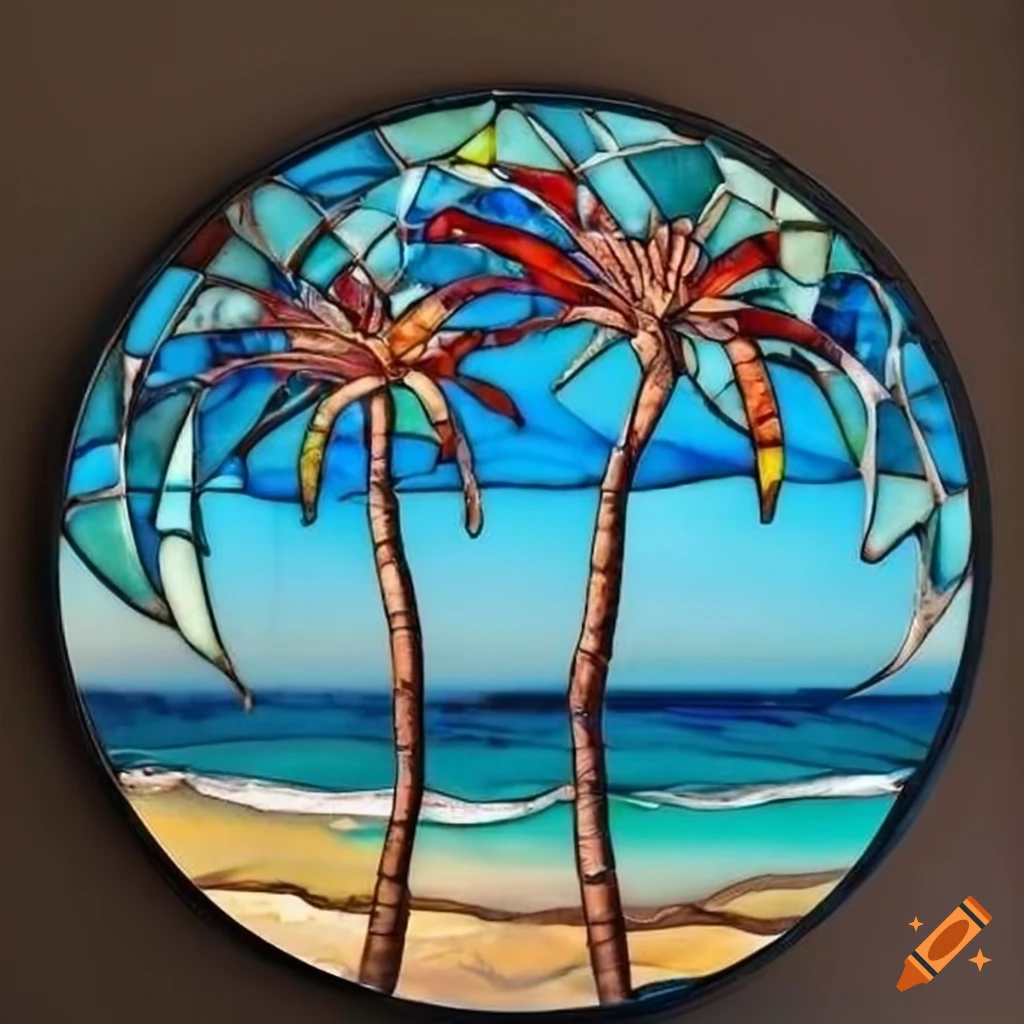 Stained glass art showing an ocean beach with palm trees on Craiyon
