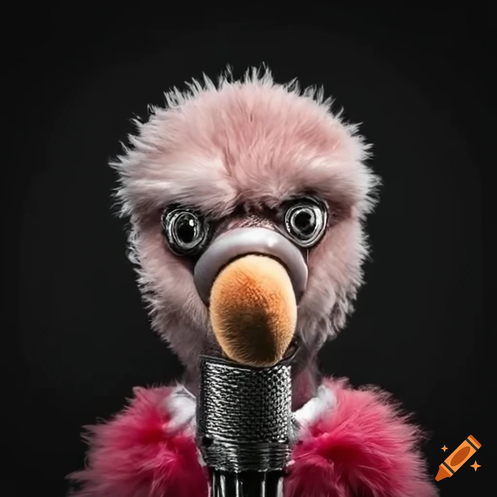 Angry plush ostrich behind a silver microphone