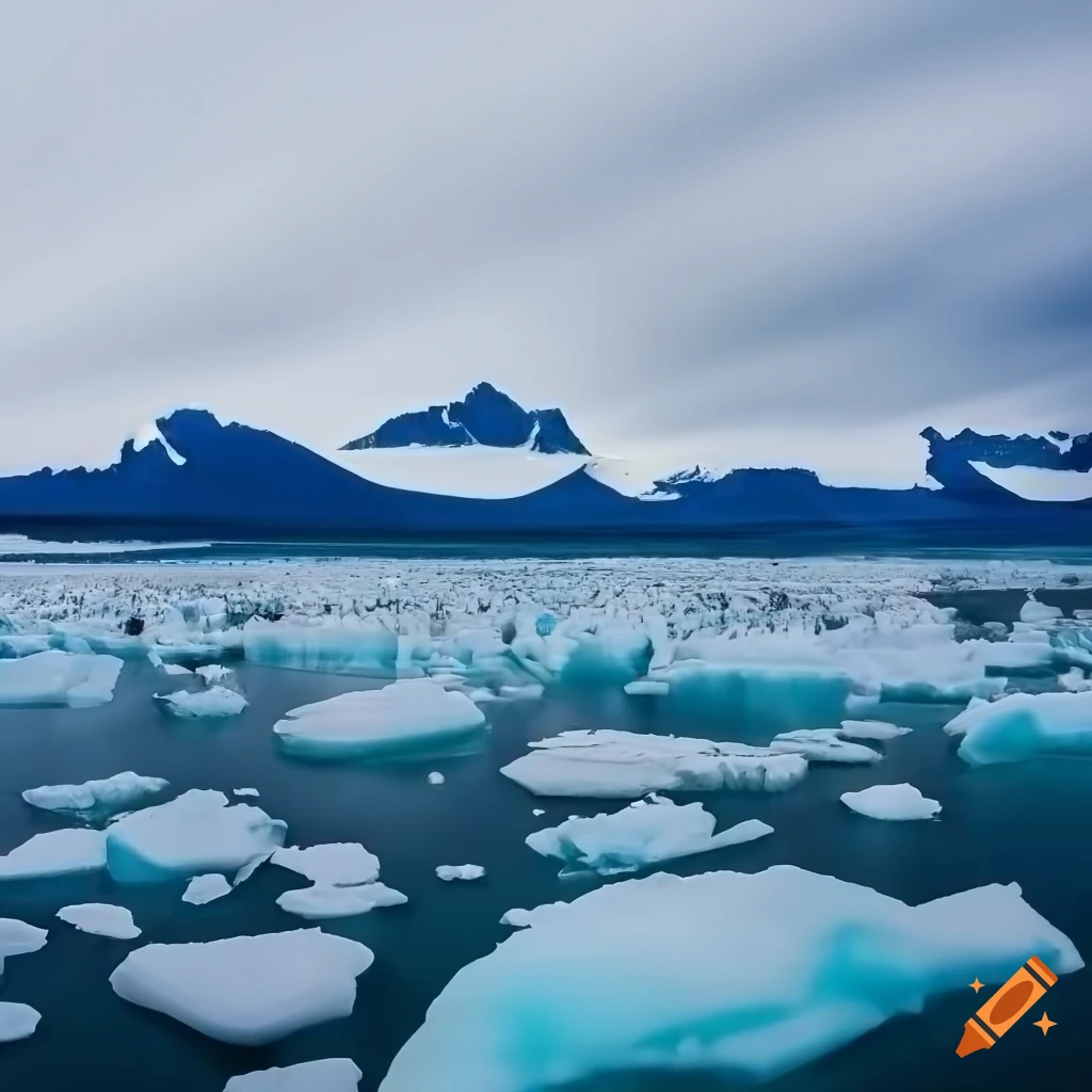 Melting ice caps with majestic mountains in polar regions on Craiyon
