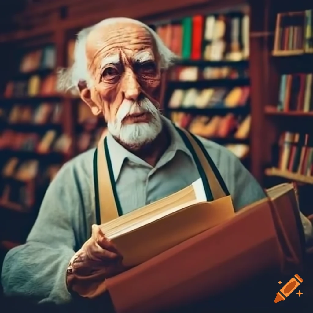 Elderly man selling books in a bookstore
