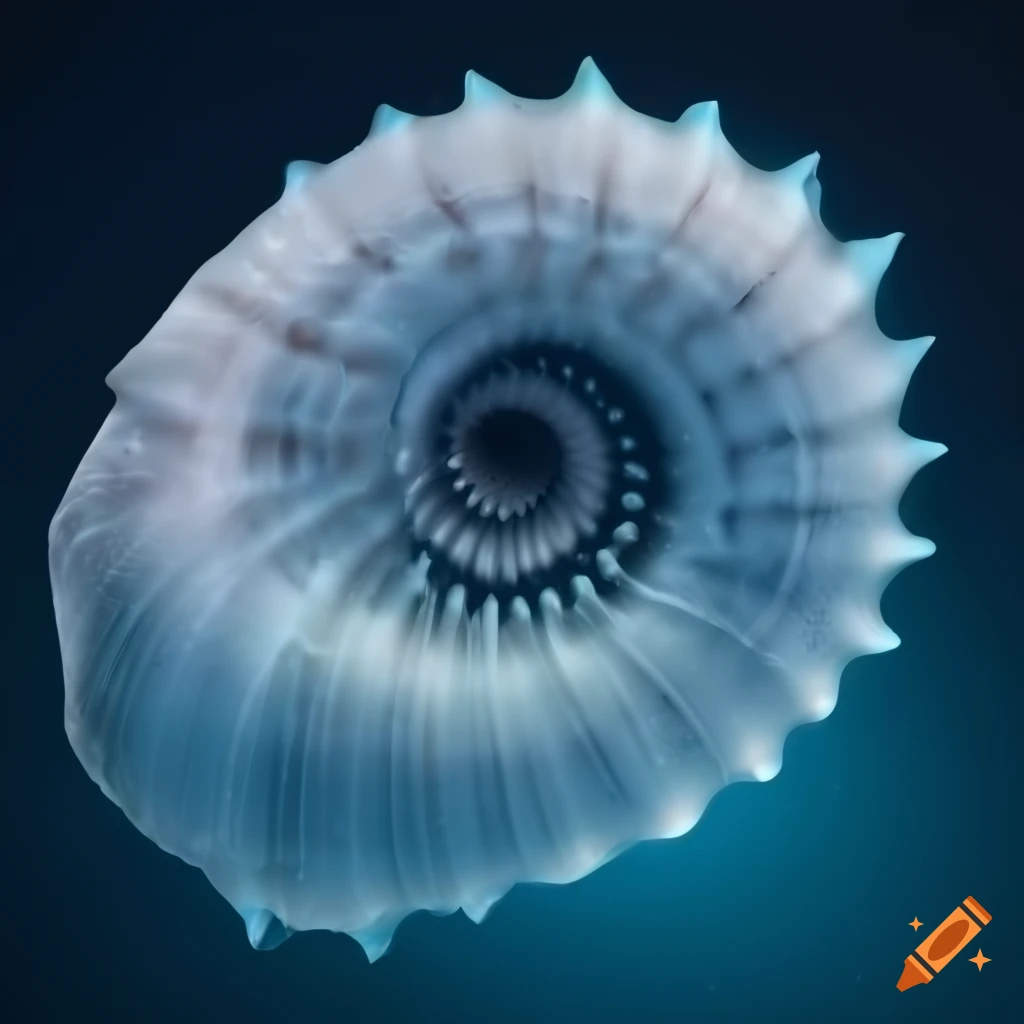 Ice spiral seashell on ice background