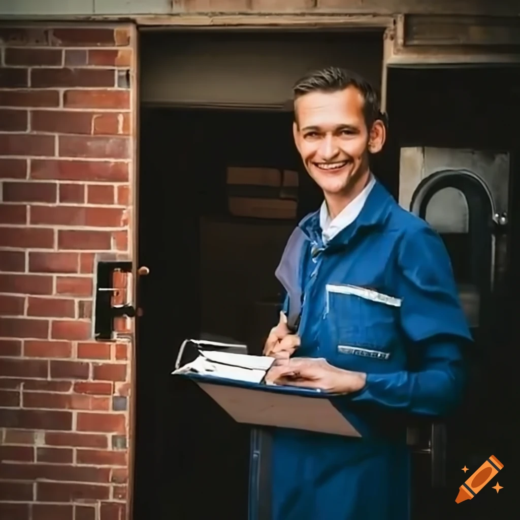 Smiling doortodoor salesman with clipboard by a garage on Craiyon