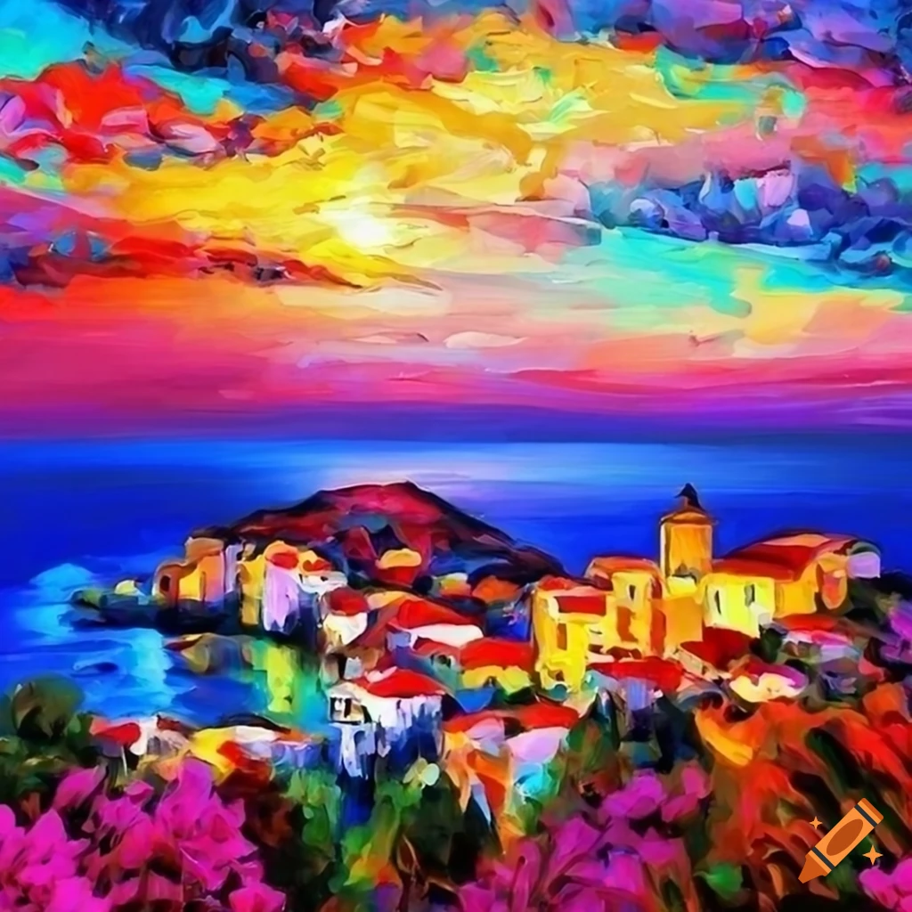 Colorful vibrant Mediterranean landscape painting in the style of Daniel Wall