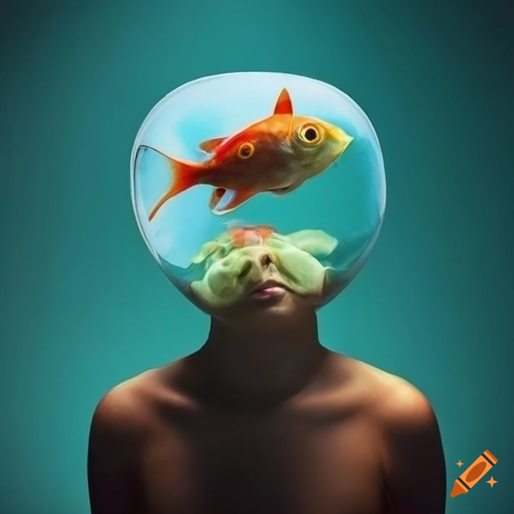Surreal portrait of person with giant fish bowl on head on Craiyon
