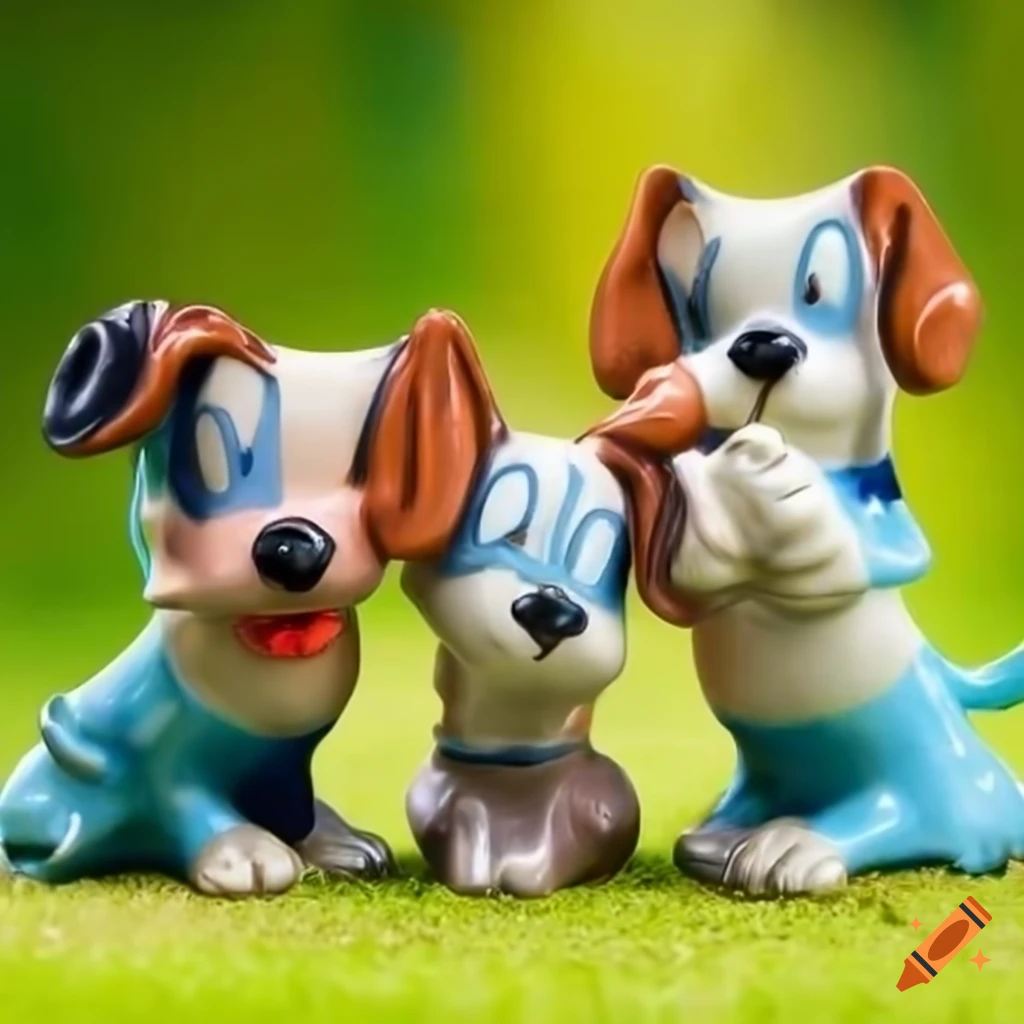 Ceramic dogs playing with a stick in looney tunes style