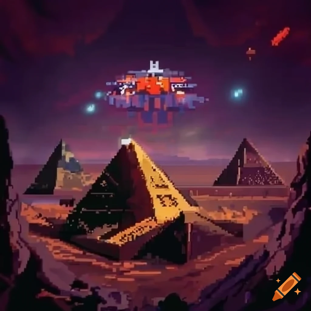 Retro NES style spaceship combating alien pyramids in science fiction settings