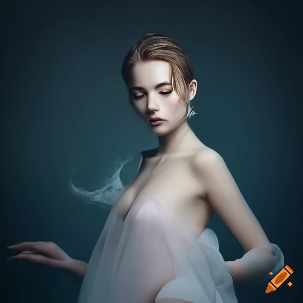 Sophisticated photomanipulation of a woman in an ethereal outfit in a minimalistic space environment