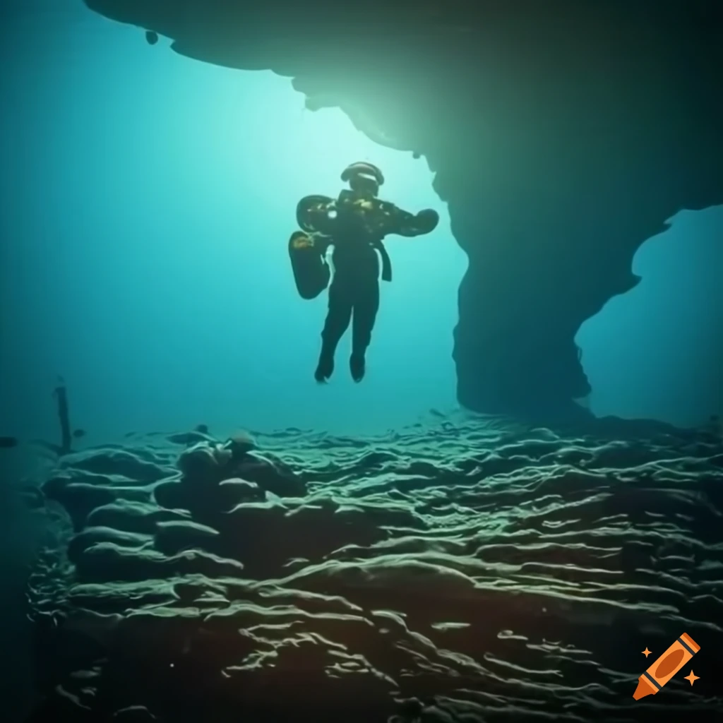 Vintage deep sea diver exploring an underwater cavern with a wrecked ...