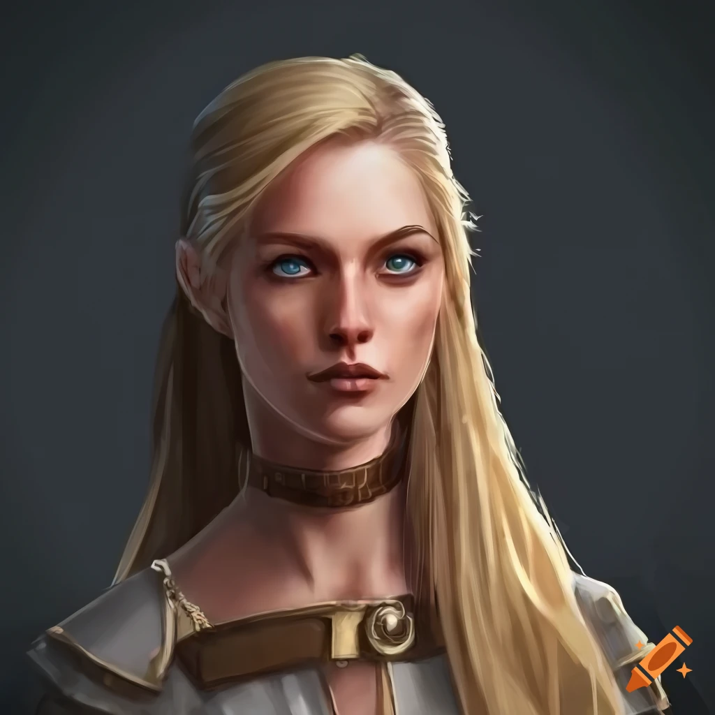 Character Portrait Of A Female With Dark Blonde Hair Blue Eyes And Mixed Viking And Roman