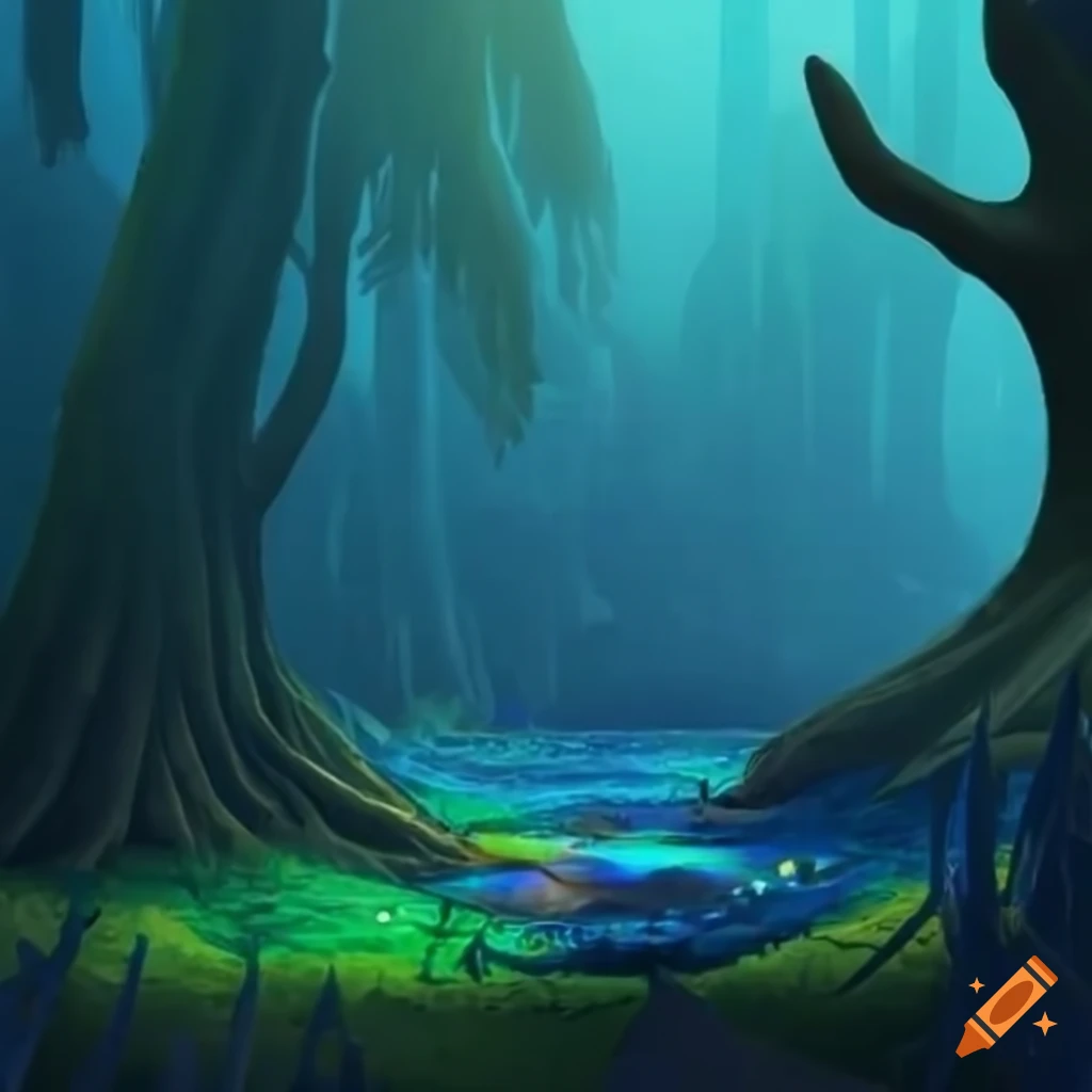 Nostalgic mystical forest with blue magical creatures