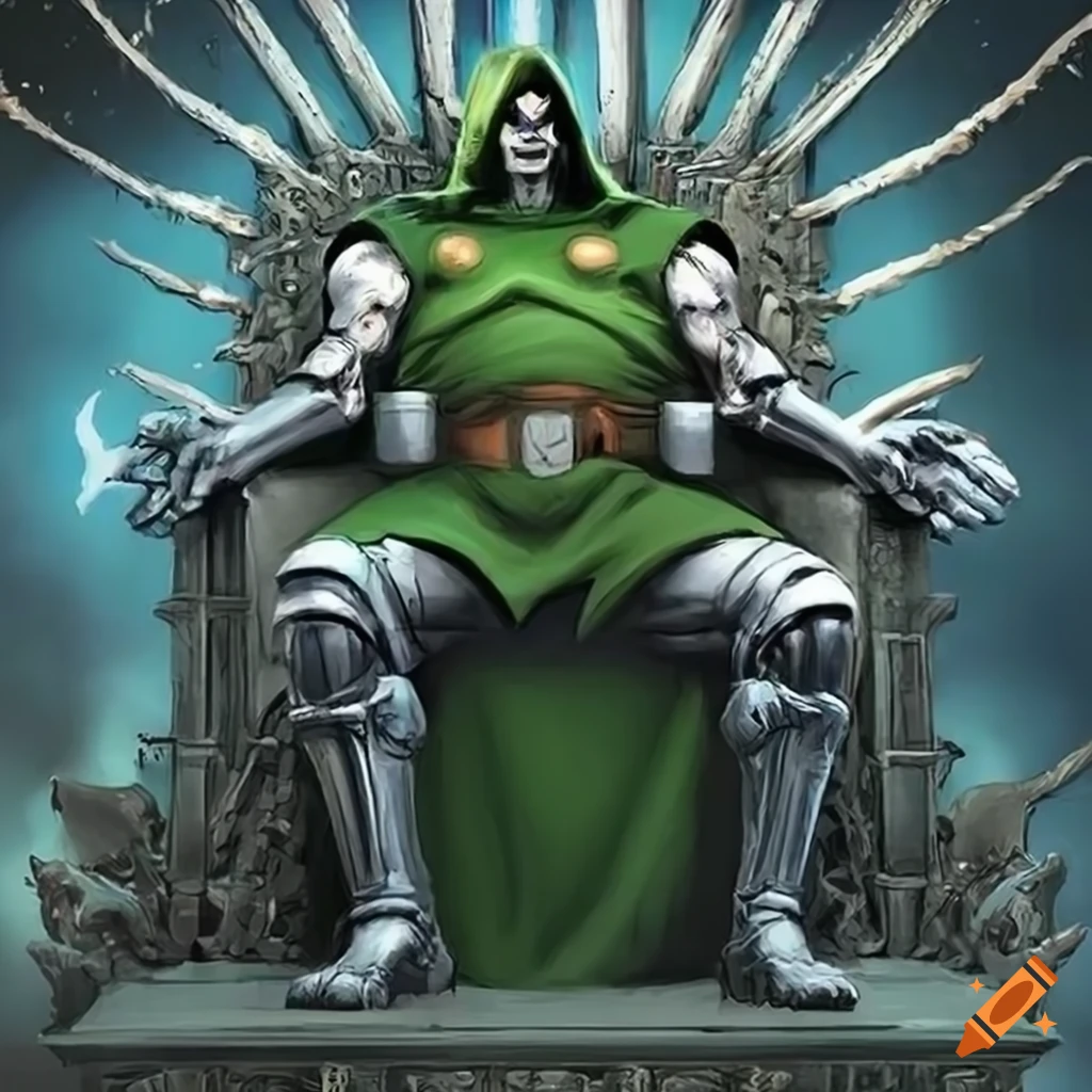 Dr. doom from marvel seated on a throne in realistic comic style on Craiyon