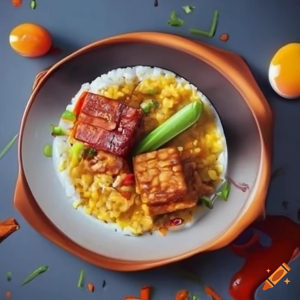 Delicious indonesian vegetarian meal with tempeh, omelet, and crispy