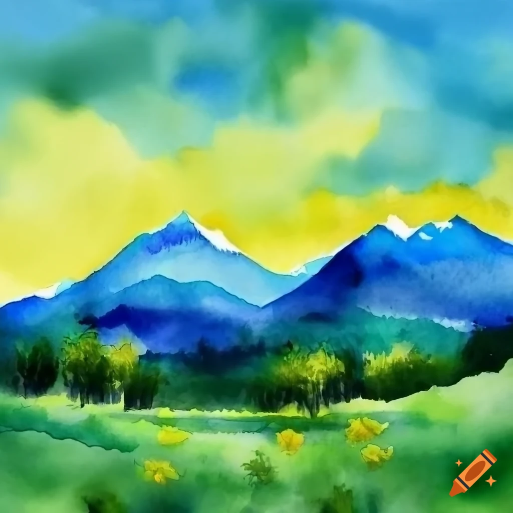 Watercolor landscape of mountains in summer