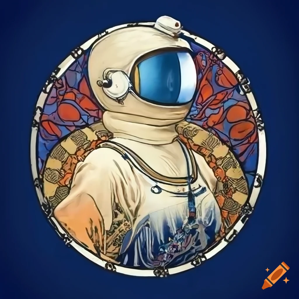 Vintage retro spacewoman in Alphonse Mucha style astronaut suit