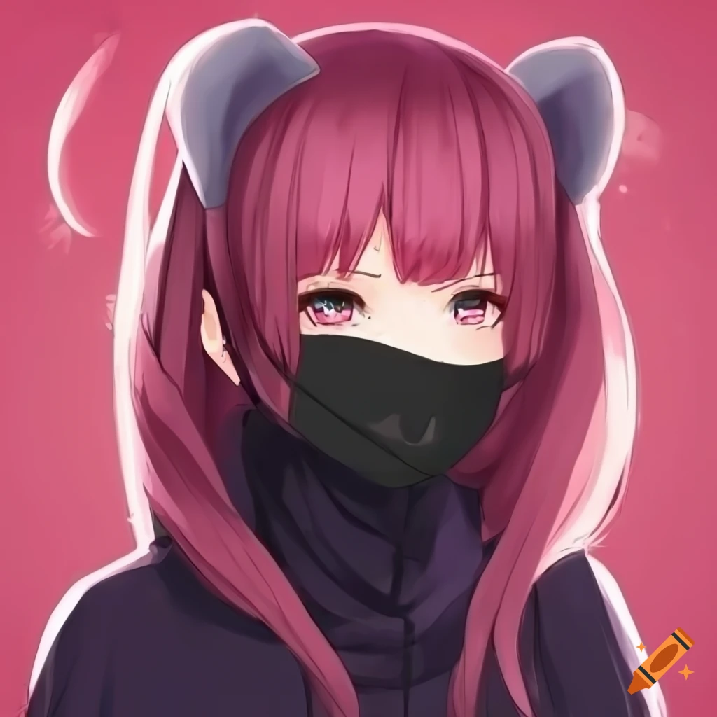 Anime girl with pink hair and black mask in baggy clothes on Craiyon