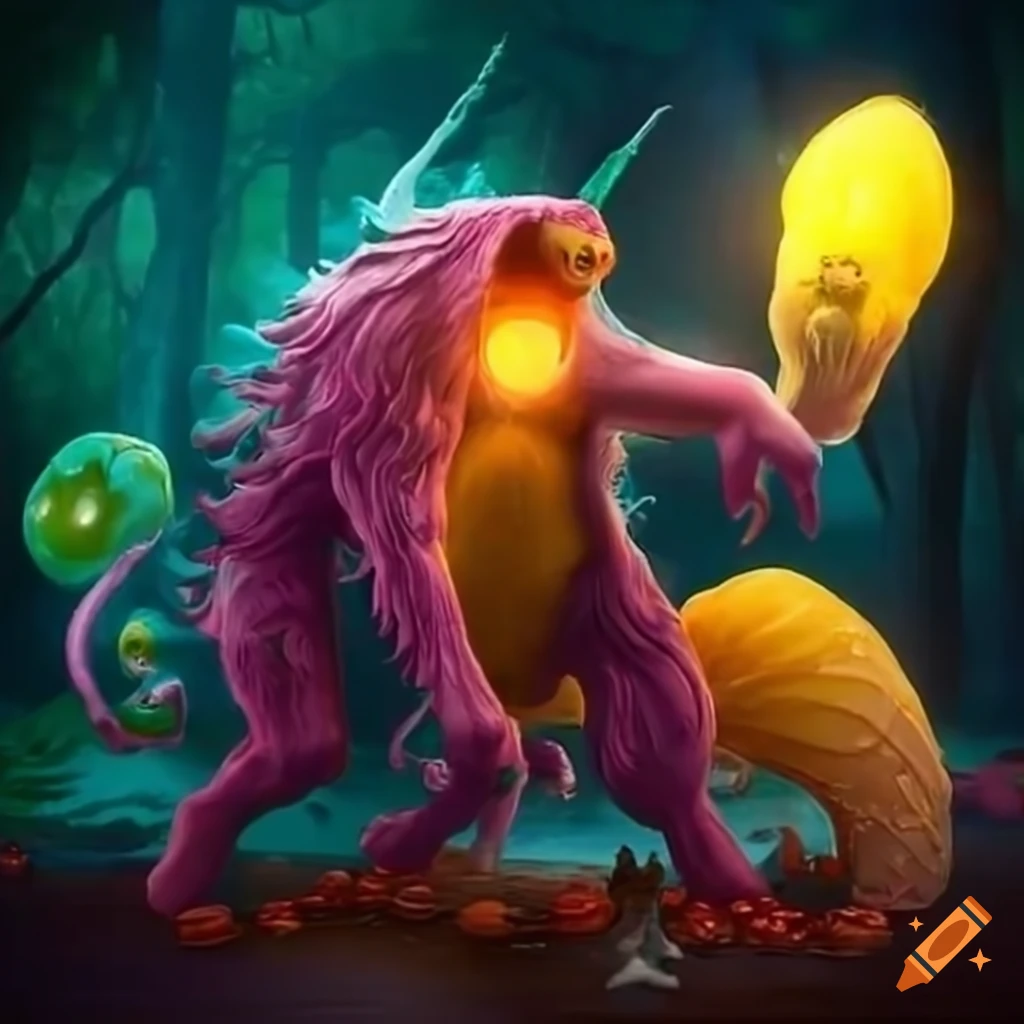 Illustration of mythical creatures and mutant omega mart lemon fruit