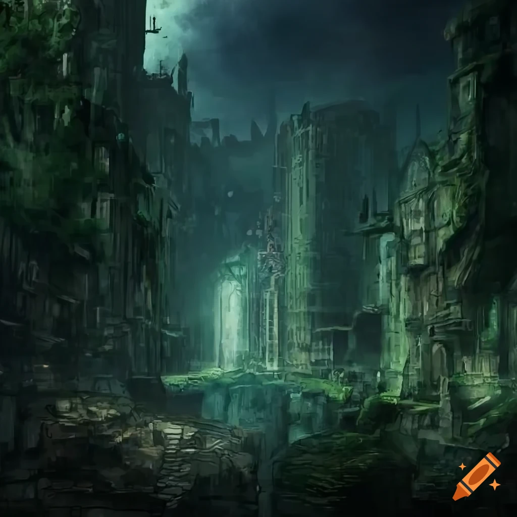 Overgrown ruins of a fantasy city on Craiyon