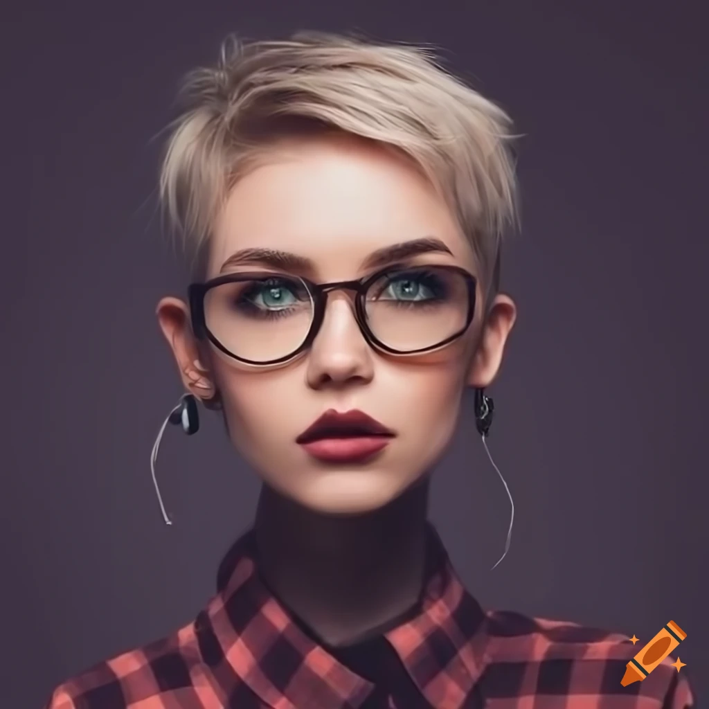 Young woman with dark blonde pixie cut hair and green eyes wearing ...