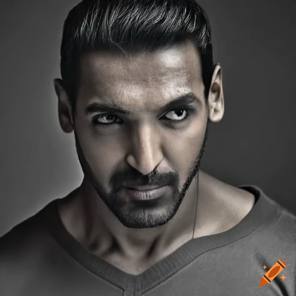 Intense and angry John Abraham in front of a gritty, dark background