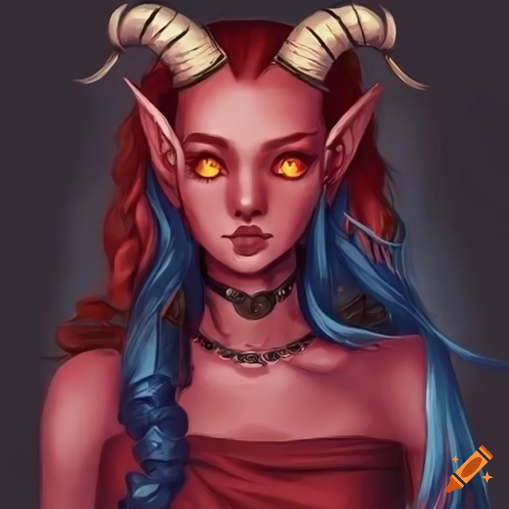 Tiefling character with red eyes and blue-red long hair, wearing a ...