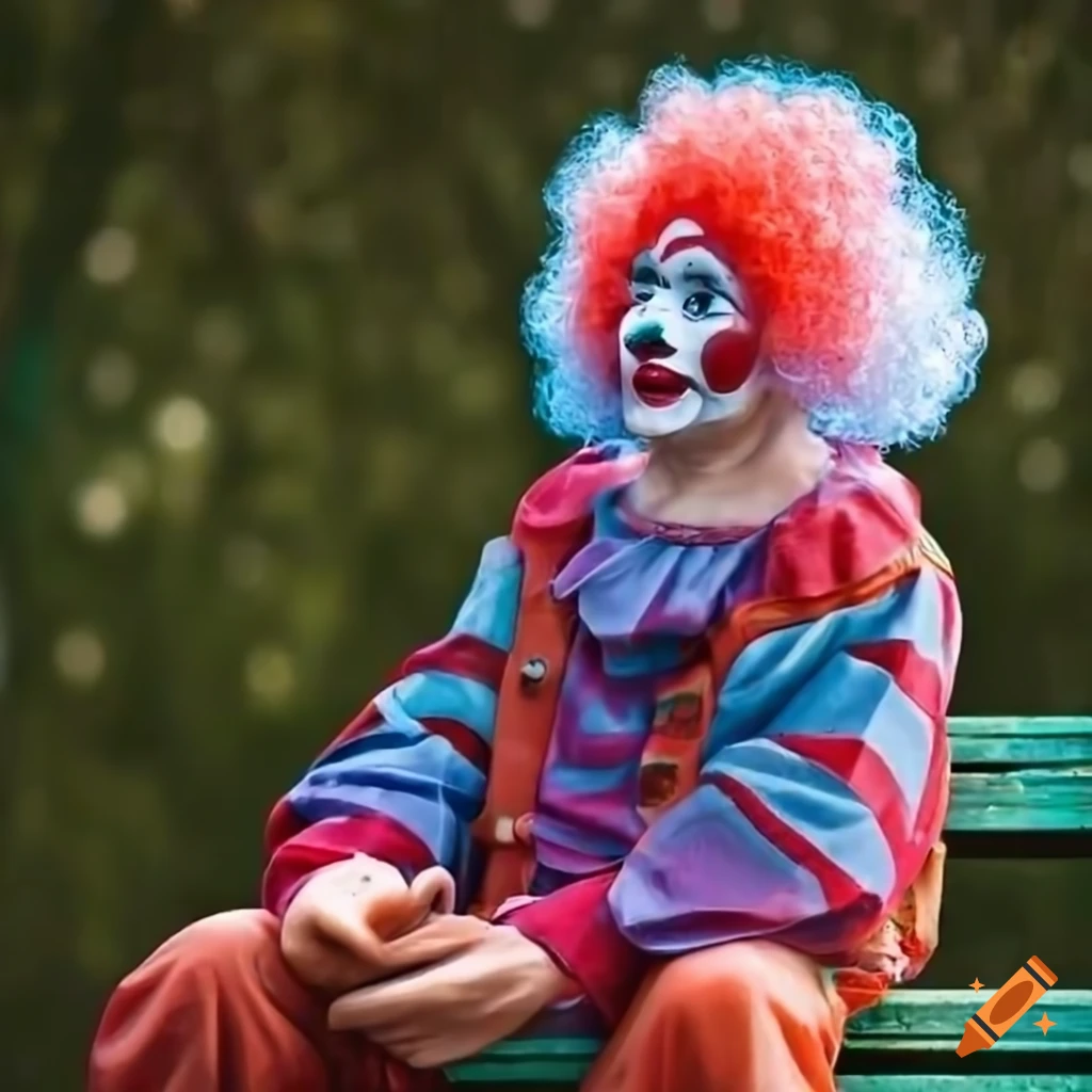 Sad clown sitting on a bench in a park on Craiyon