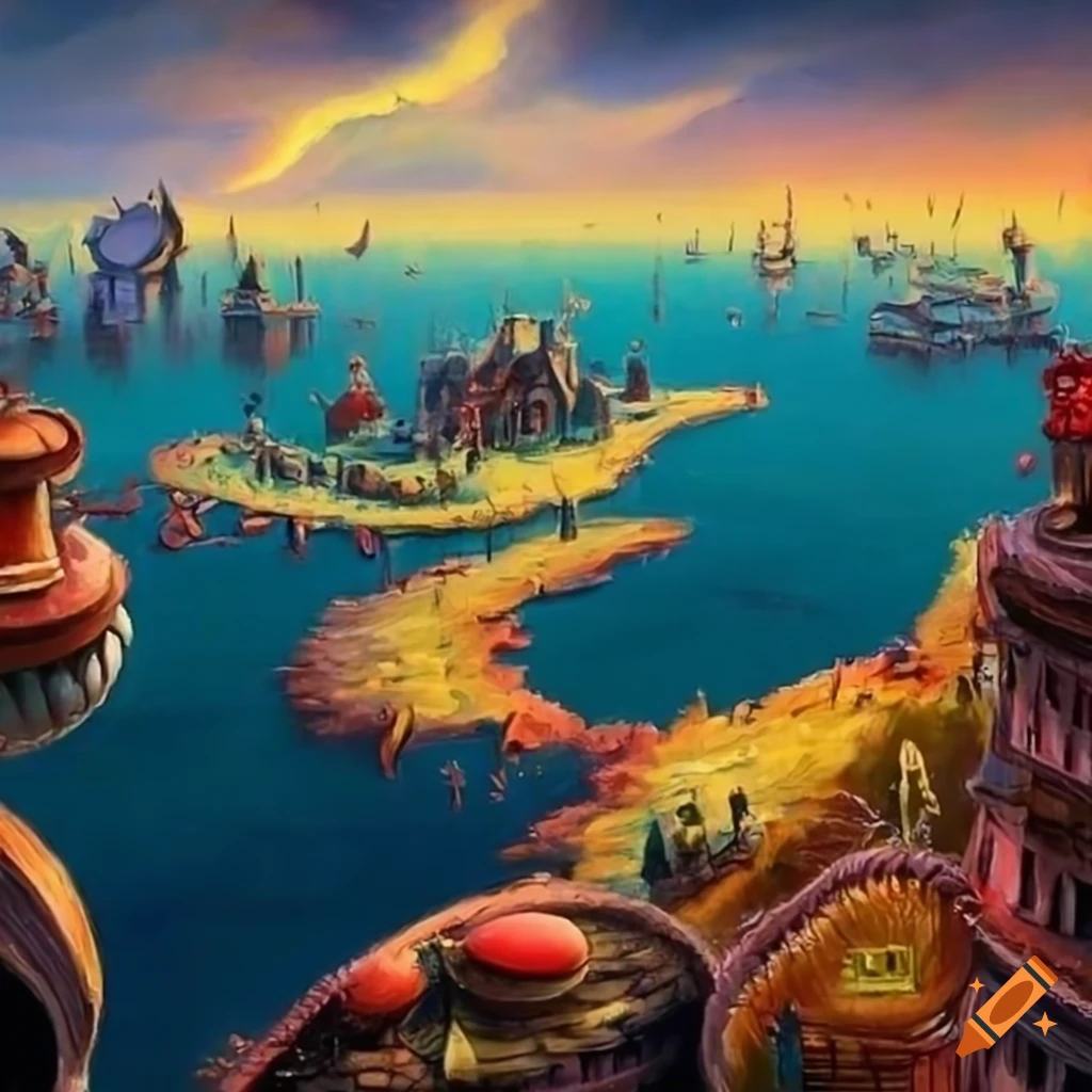 Steampunk village across archipelago landscape in oil painting on Craiyon