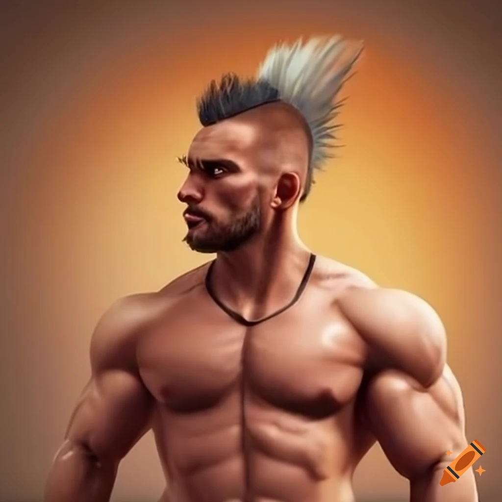 Muscular man with mohawk and amber eyes in a desert setting