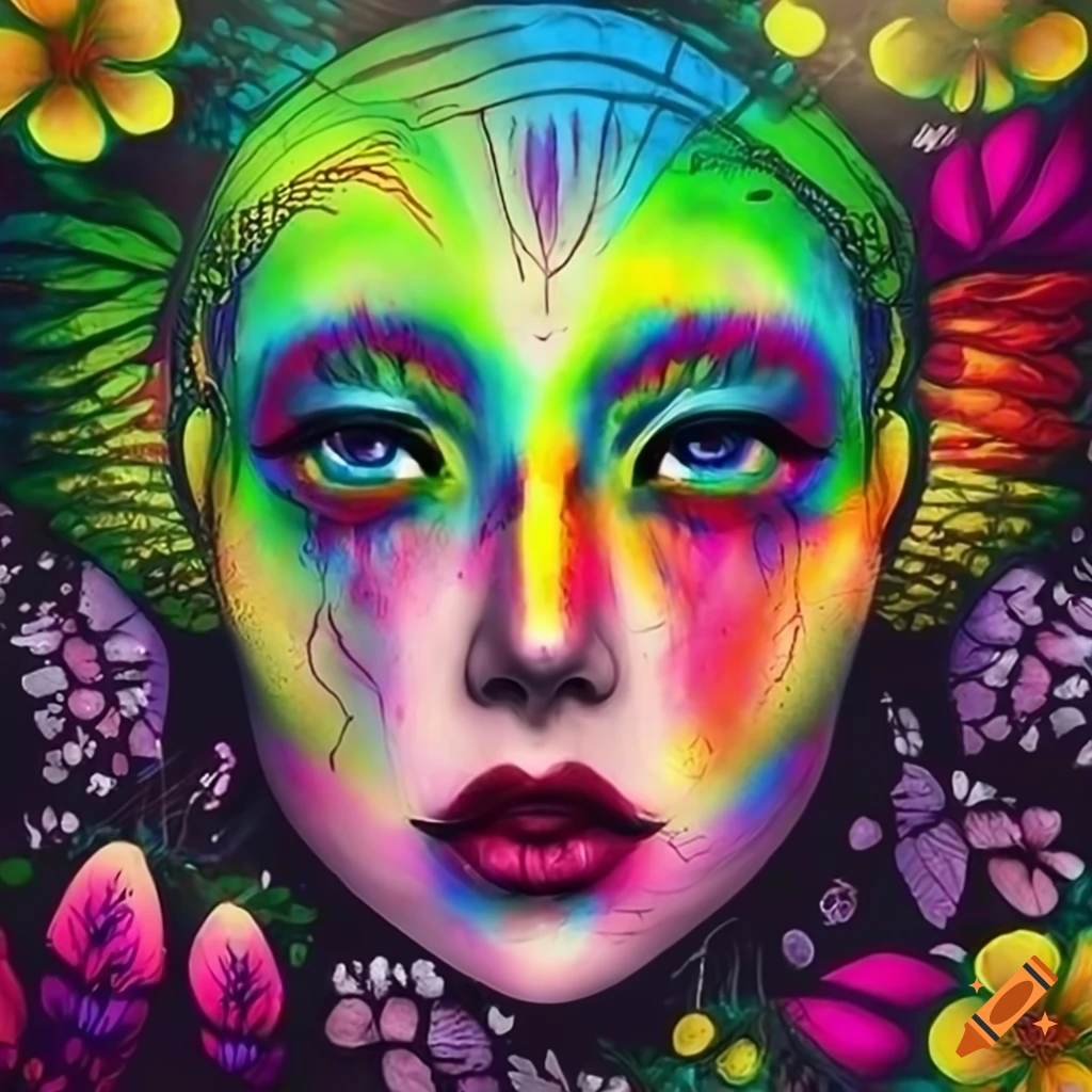 Surreal woman's face surrounded by colorful elements in a gothic forest ...