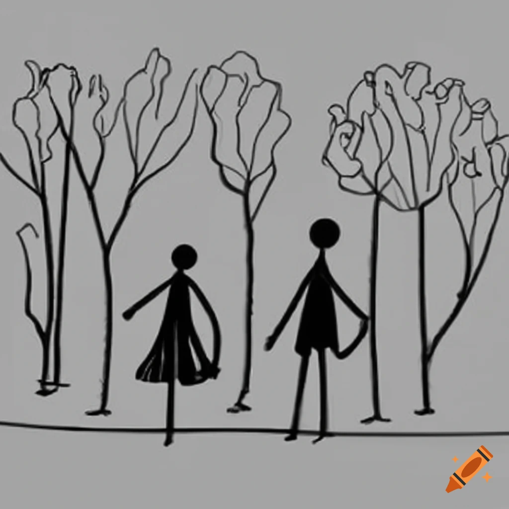 Stick-figure couple hiking in the woods on Craiyon