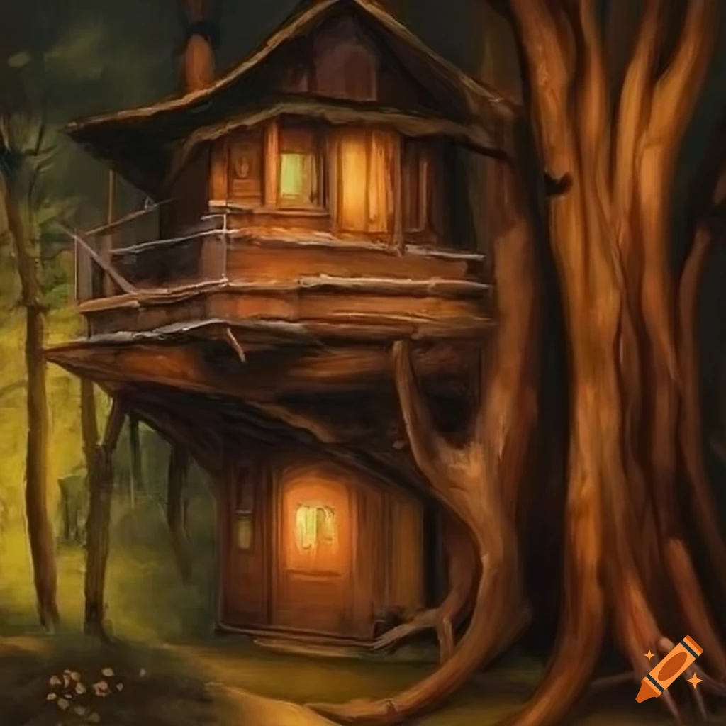 Epic treehouse painted by Daniel F. Gerhartz with soft colors