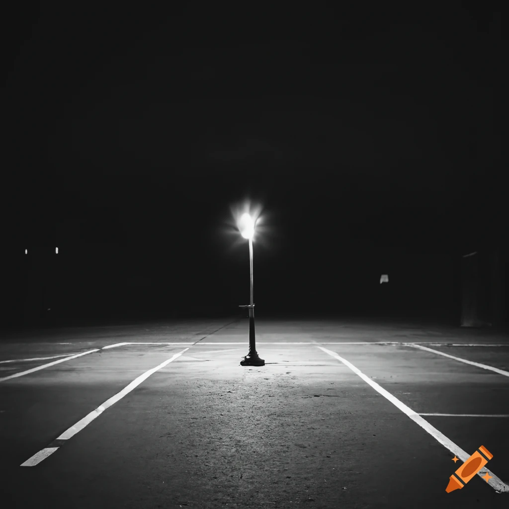 Monochrome photograph of lonely street light in an empty parking lot on ...