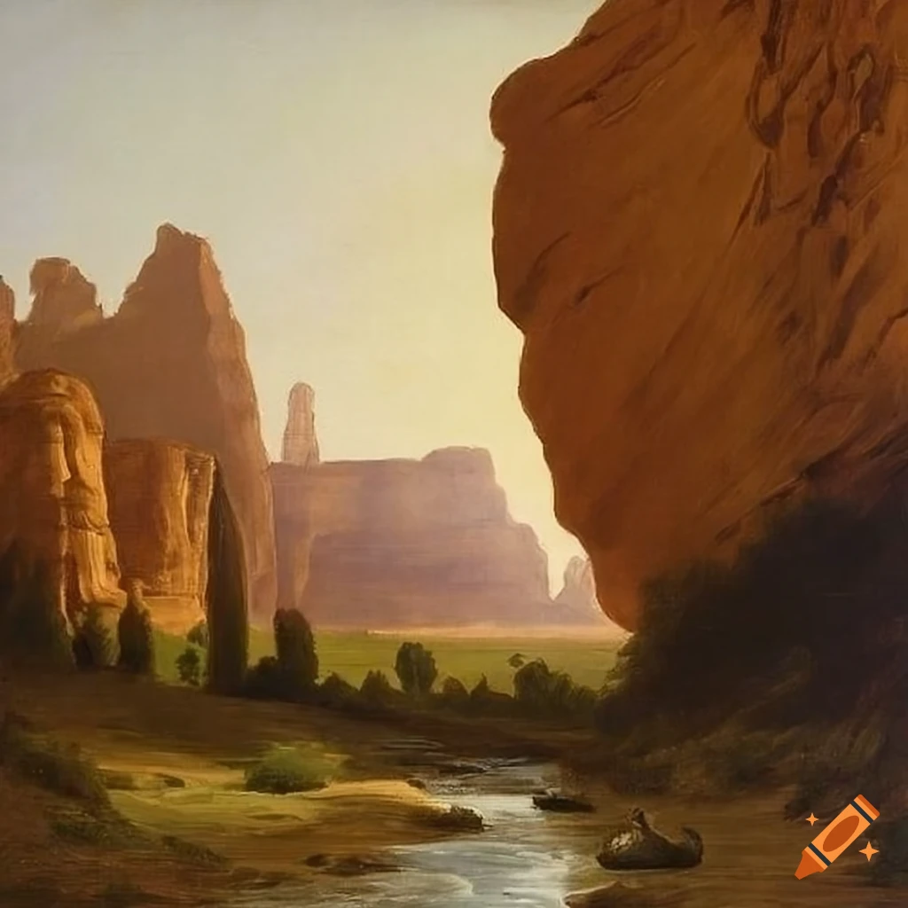 View from the bottom of a sandstone canyon with a stream, palm trees, and tall cliffs in a romanticist oil painting