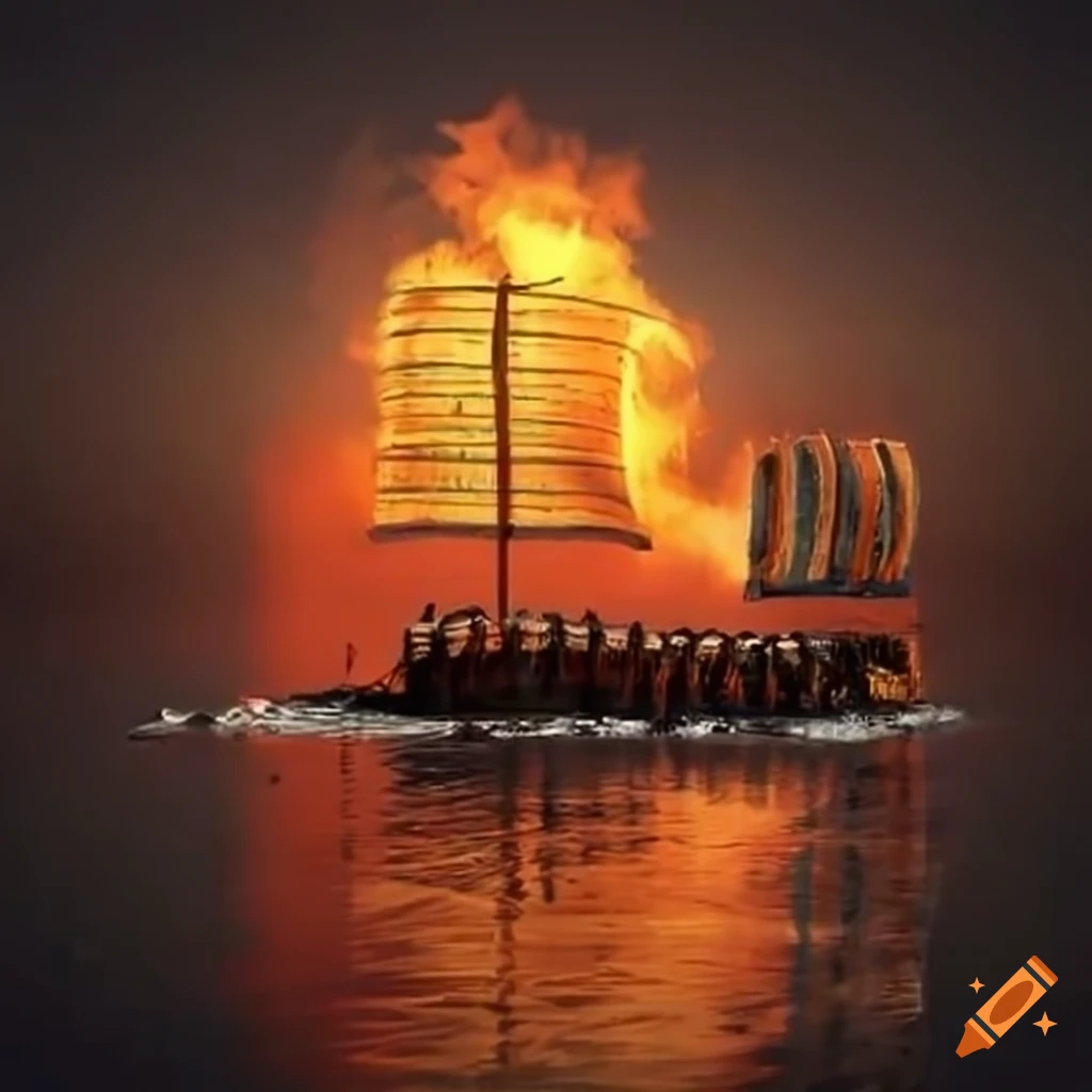Burning egyptian trireme on the open sea