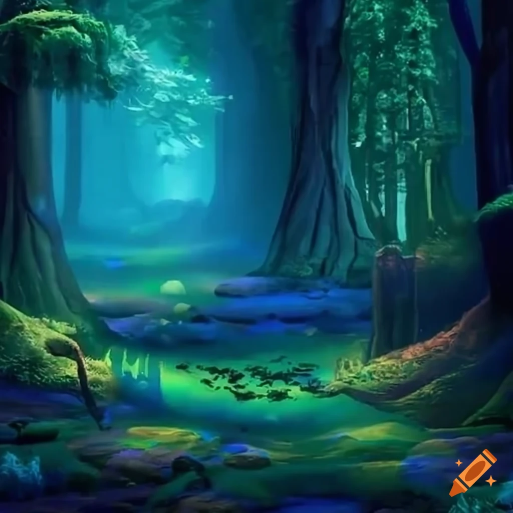 Nostalgic mystical forest with blue magical creatures