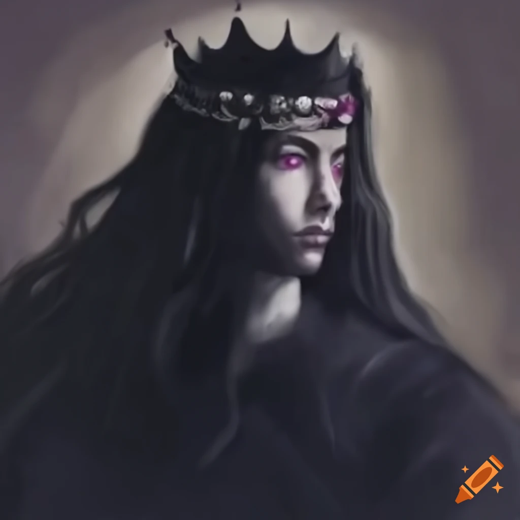 Young king with long black hair and purple eyes at his father's funeral