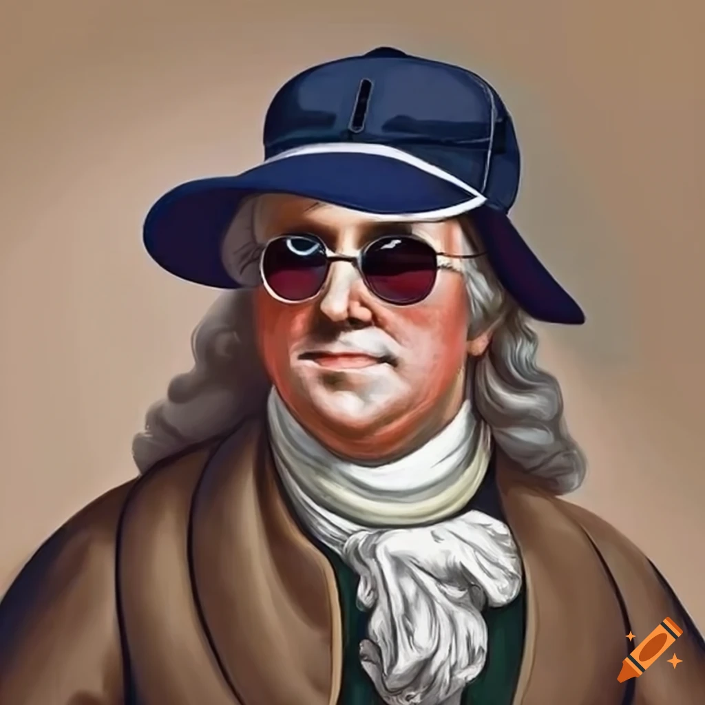 Ben franklin wearing sunglasses and a navy baseball hat on Craiyon