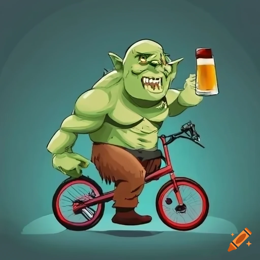 Cartoon ogre riding a mountain bike and enjoying a beer