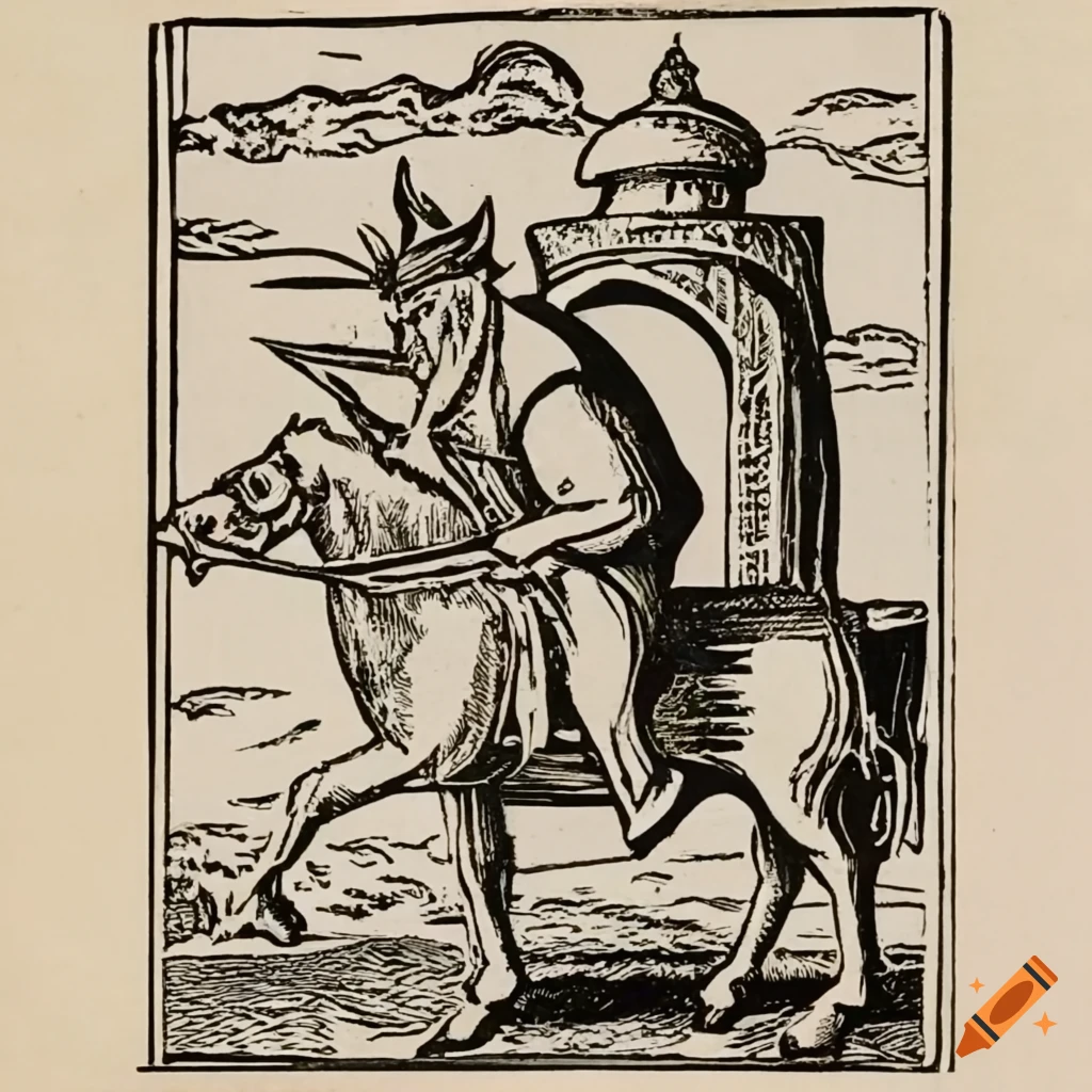 Woodcut of a grizzled old man with a broken crown, bow, and horse
